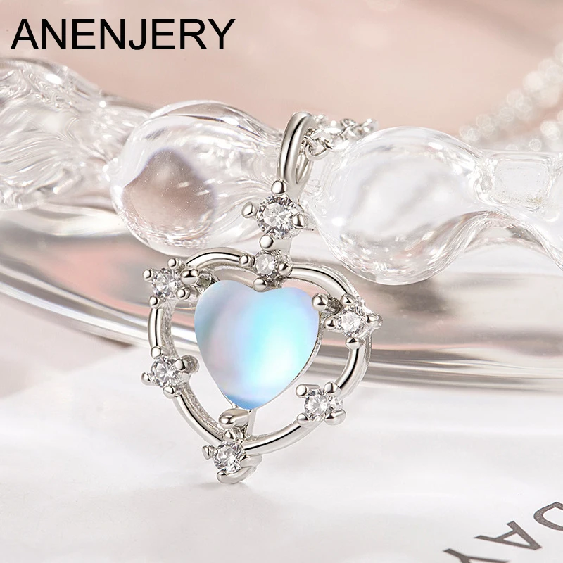 ANENJERY Heart Shaped Moonstone Zircon Crystal Pendant Necklace for Women Chain Trendy Elegant Jewelry Accessories Party Gift