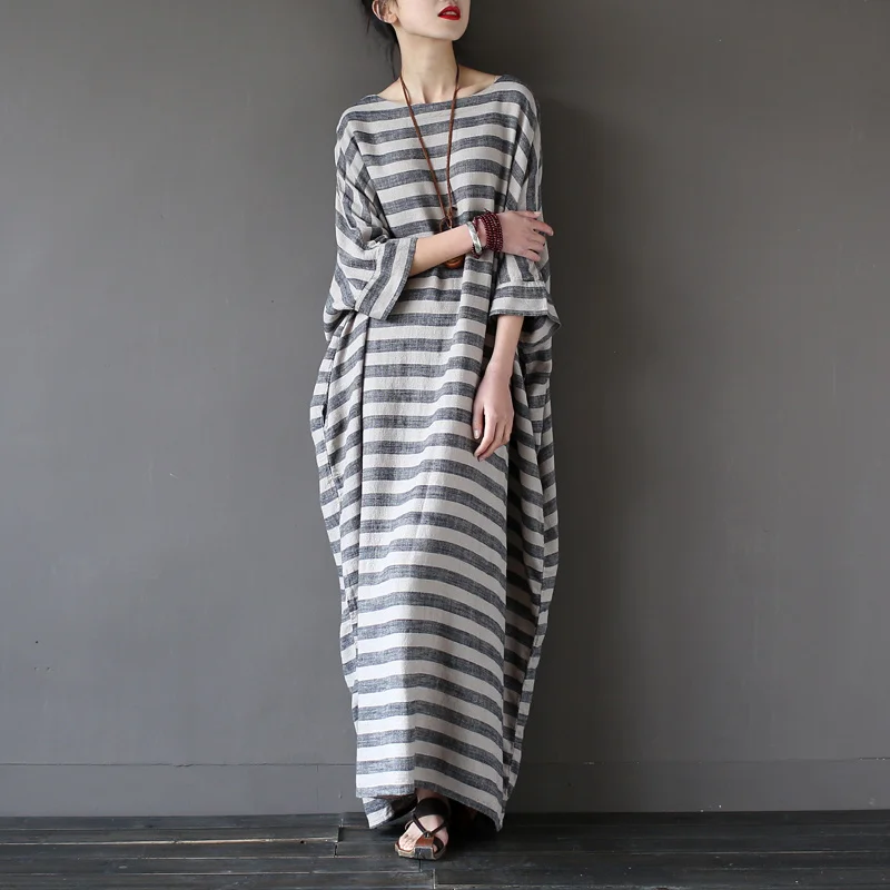 Ethnic Style Women's Clothing Spring and Autumn Artistic Robe Loose Long Dress Linen Fabric Retro Cotton and Linen Dress Summer