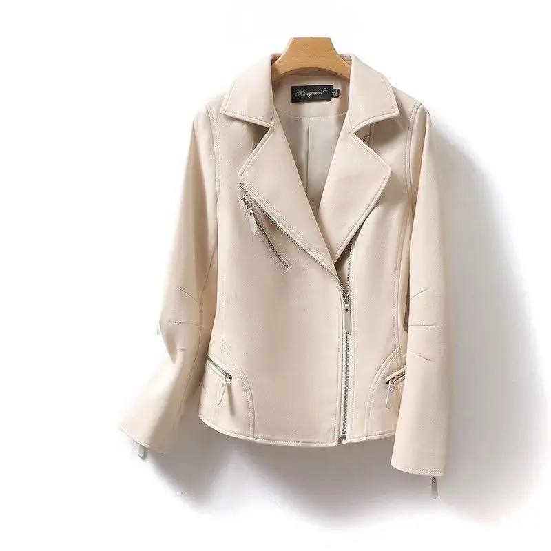 Women's short style lapel collar slim fit pu leather jacket 2026 spring new solid color street motorcycle leather jacket