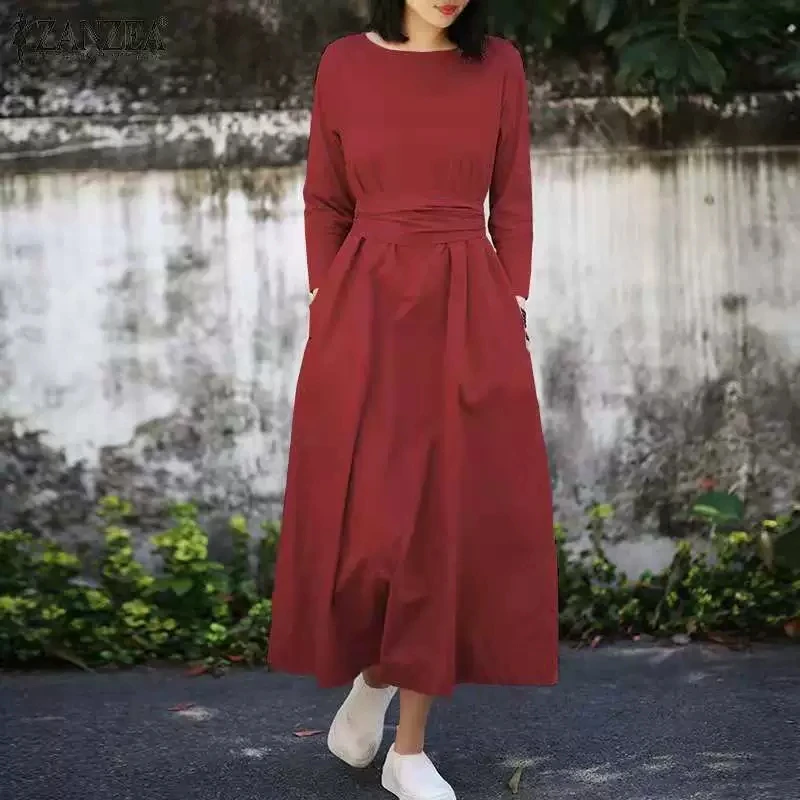 Ramadán musulmán Marruecos nuevo algodón mujer bolsillo manga larga encaje hasta vestido largo otoño e invierno elegante traje de fiesta casual