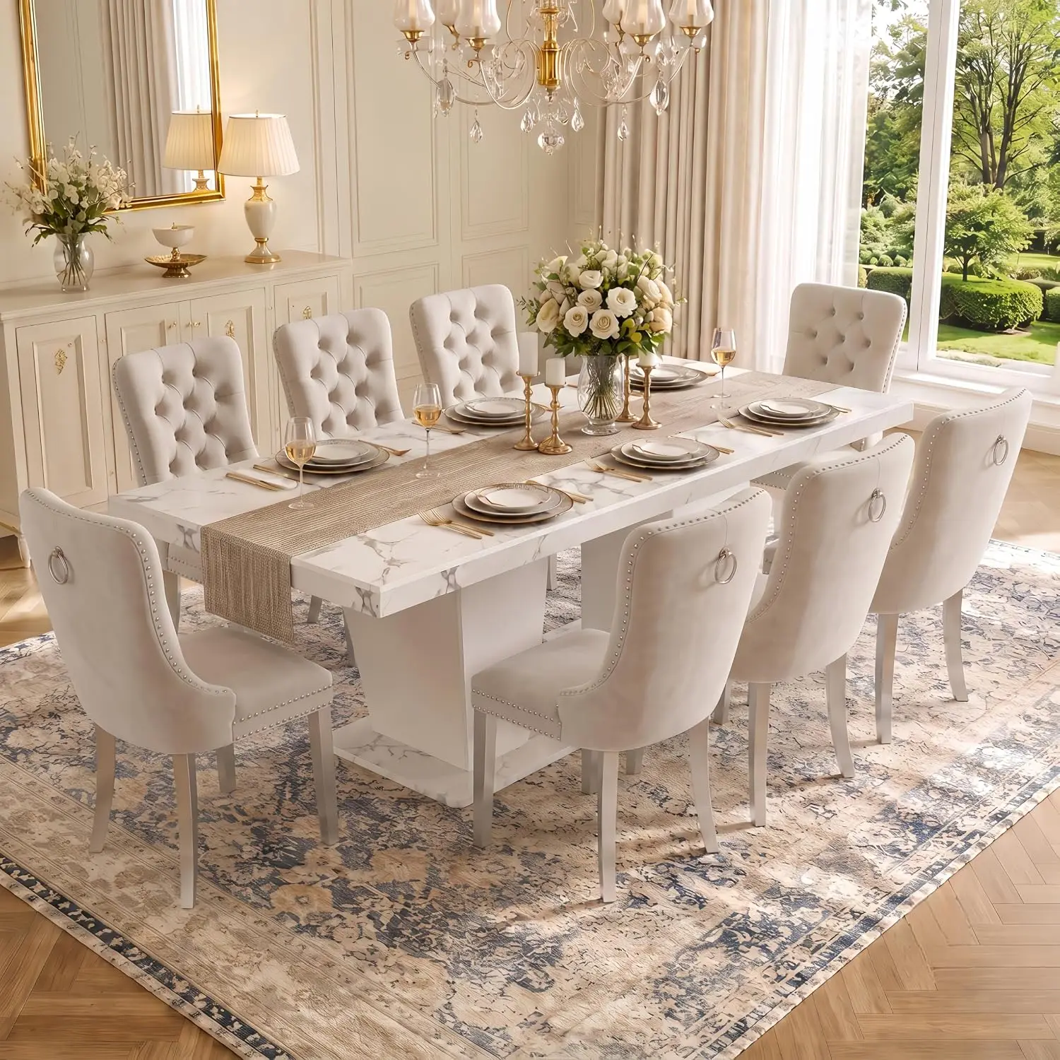 Faux Marble Dining Table Set for 8, 63"-78.7" Extendable Dining Room Table and 8 Beige Velvet Upholstered Chairs, Modern Large