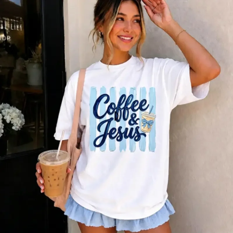 Women's Casual Cotton Printed Tops - Coffee & Jesus Comfort Colors T-Shirt, Religious Fit Tee, Gift for Her