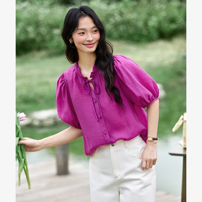 

VIMLY Women's Casual T-Shirt 2025Summer Fashion Office Bubble Sleeve Loose Pleated with Neckline Shirt TopSimple Lace-up Blouse