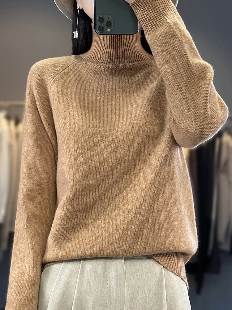 Fashion Basic Autumn Winter Merino Wool Sweater Mock Neck Cashmere Pullover Solid Color Soft Long Sleeve Basic Clothing Tops