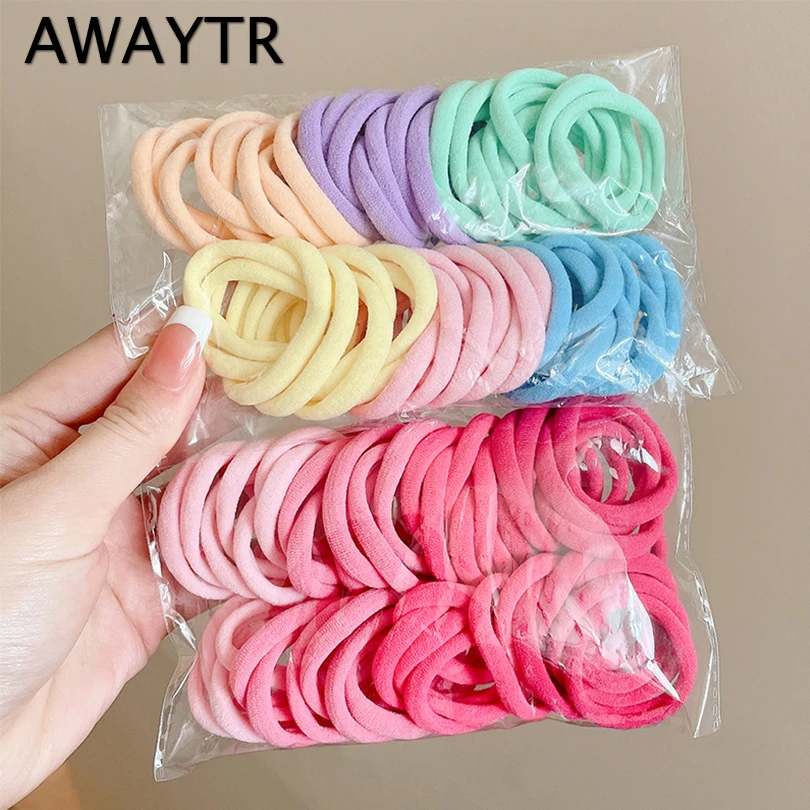 50 buah tali rambut elastis warna-warni untuk wanita, tali karet ikat ekor kuda tahan Scrunchie untuk wanita pita rambut nilon dasar elastis tanpa kelim