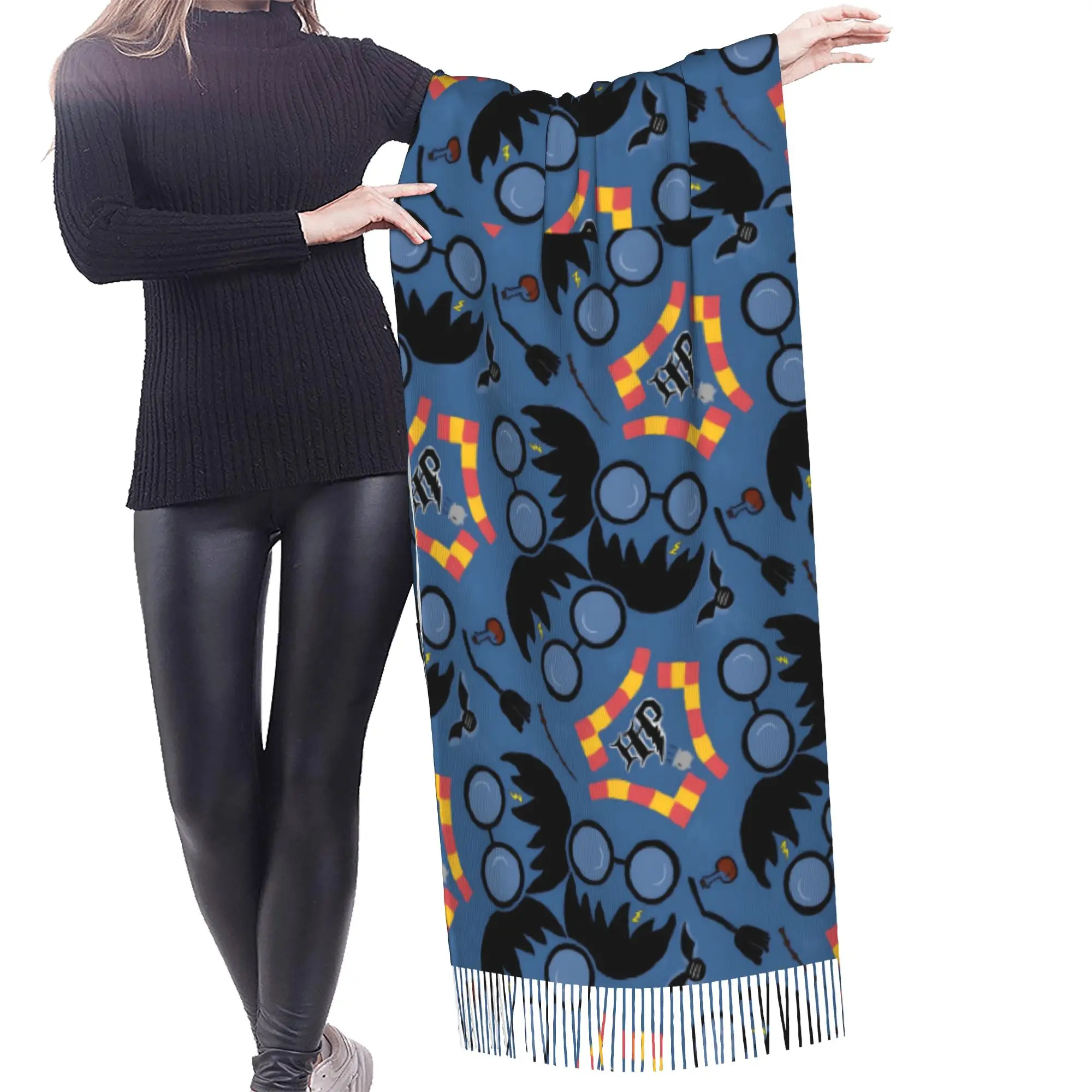 Custom Halloween H-Harryed Tassel Scarf Women Soft Magic School Spooky Shawls Wraps Female Winter Fall Scarves