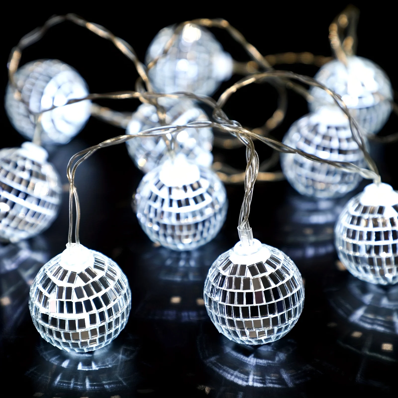 Sparkling Reflective Mirrored Disco Ball LED Lights, Sphere String Lights, Novelty Club Style Lighting for Birthday Party Wall