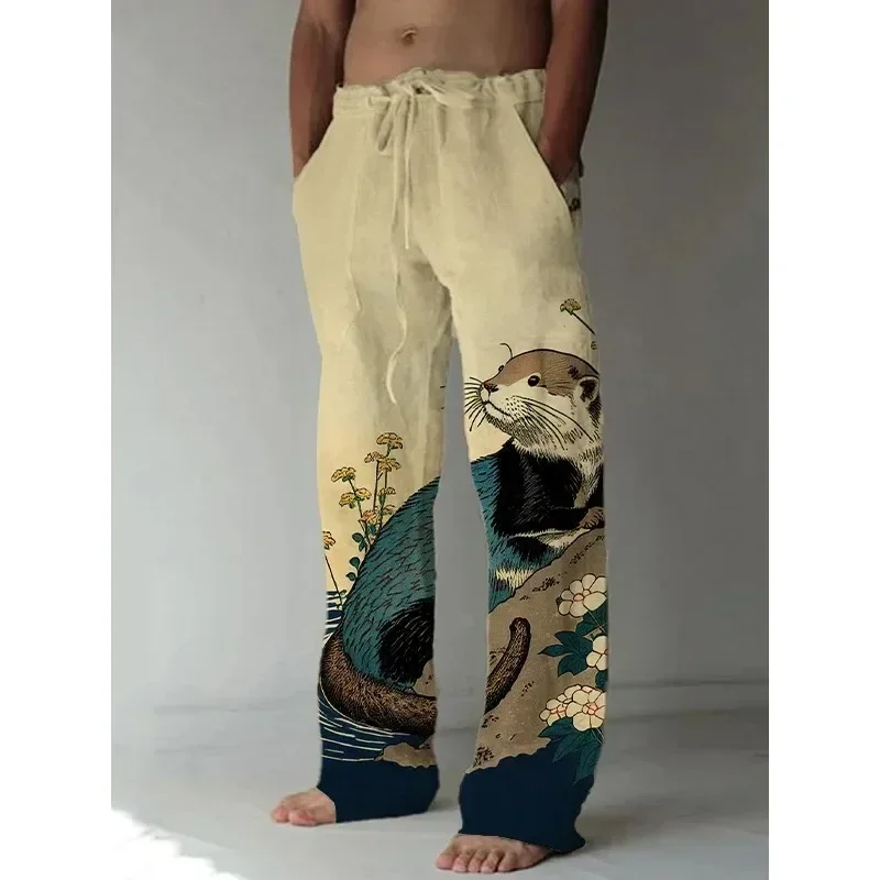 Japanese Harajuku style wide-leg pants fox raccoon print linen men\'s casual pants summer pants street handsome men\'s wide-leg pa