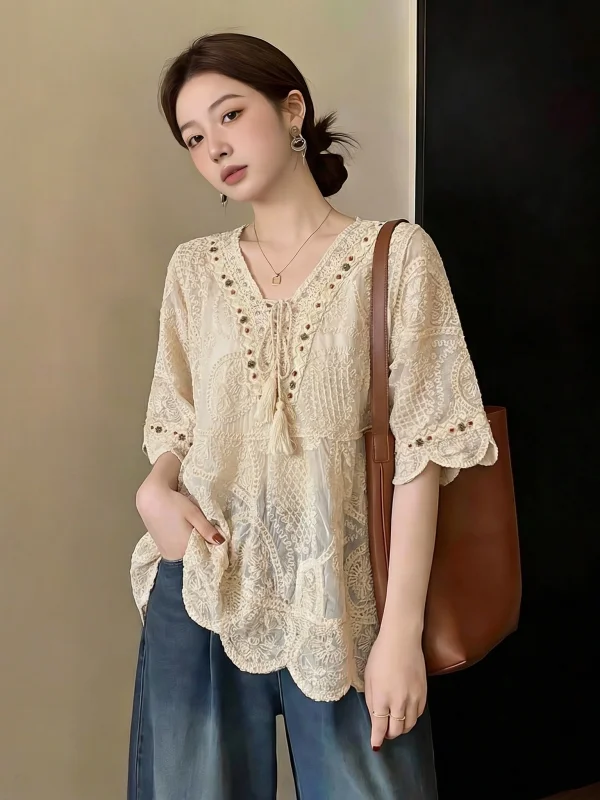 

Lace Shirt Short Sleeve Hollow V-neck Women's plus Size Bohemian Style Top Korean Version Loose Fit Commute Style Summer New