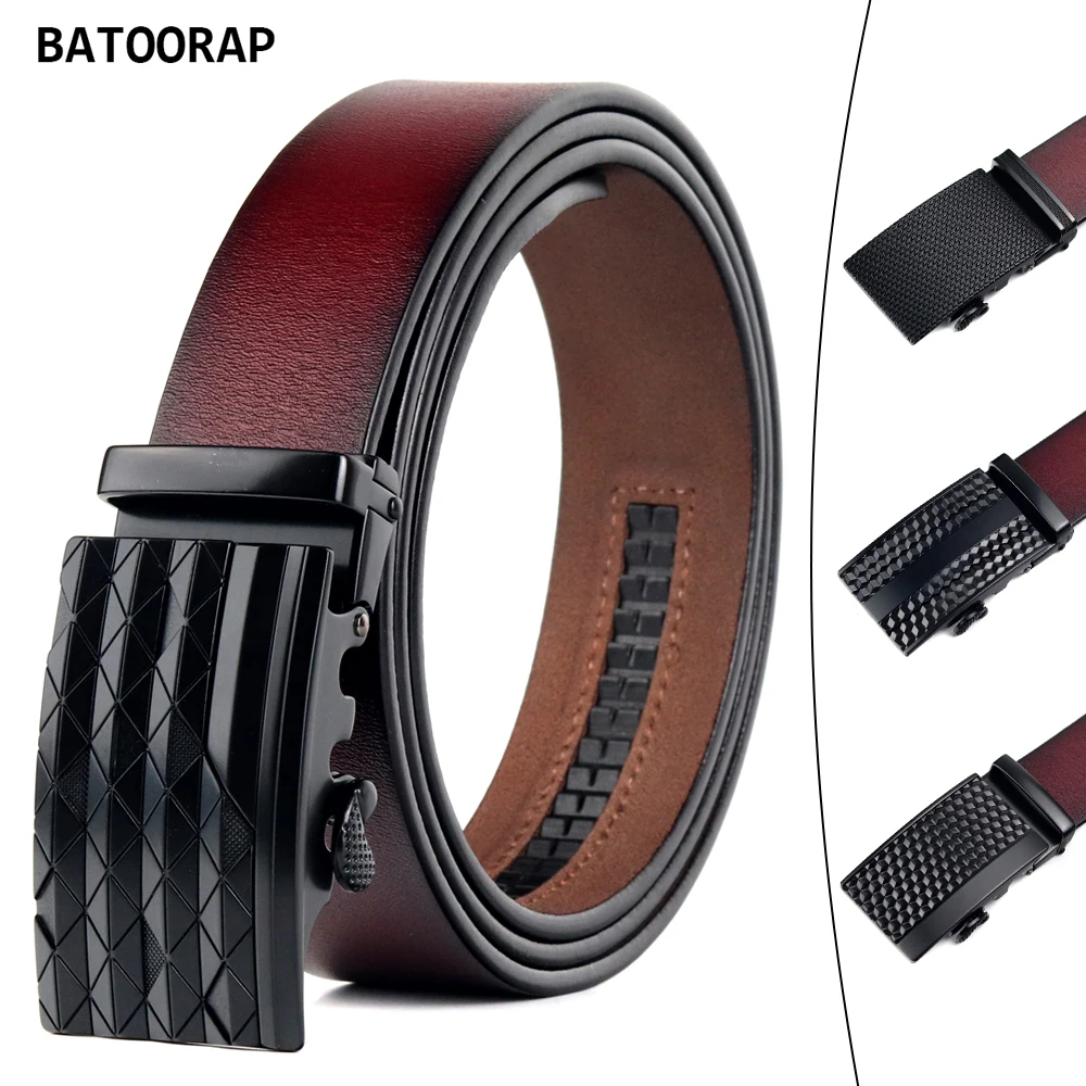 

BATOORAP Men's Belt Genuine Leather Casual Vintage Trouser Strap Automatic Black Buckle Wine Red Male Jeans Ratchet Belt Luxury