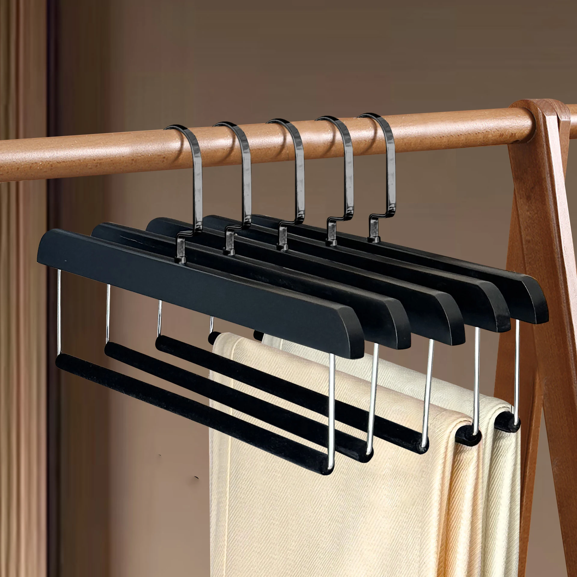 

35CM Wooden Pants Hanger Velvet Trouser Rack,5/10pc Closet Pants Organizer Closet Space-saving,Solid Wood
