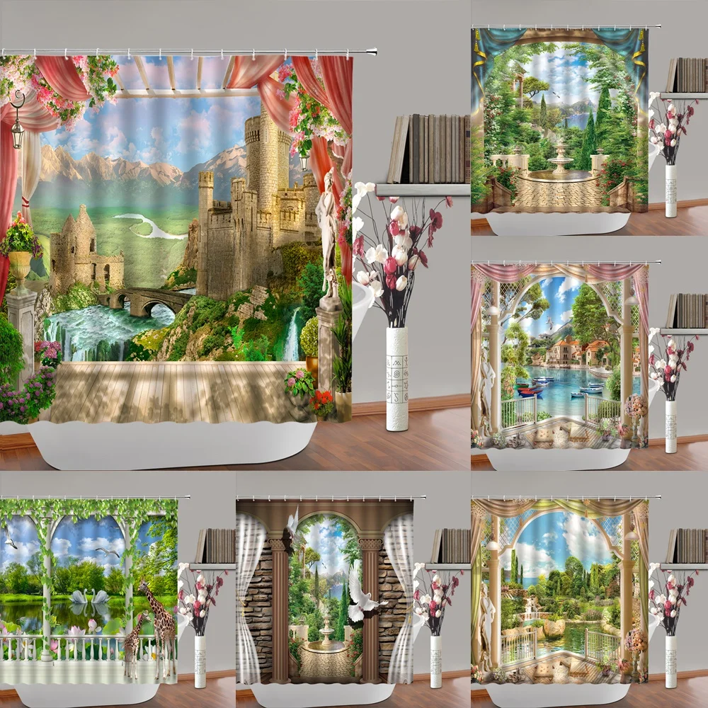 Landscape Shower Curtains European Building Roman Column Balcony View Flower Plant Outdoor Scenery Bathroom Decor Fabric Curtain