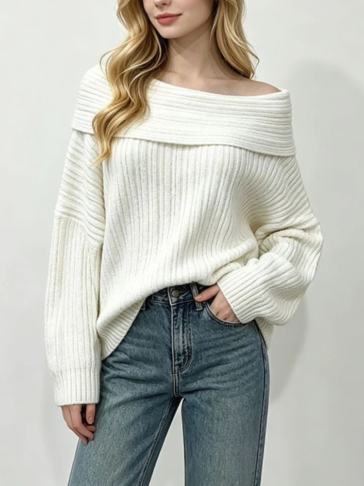Spring Autumn Women's Knit Pullover Sexy Slim Off Shoulder Sweater Slash Neck Long Sleeve Tops Slash Thicken Jumpers Clothing
