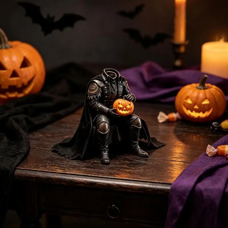 Halloween Pumpkins Horseman Figurine Shelf Sitter with Detailed Costume, Decorative Statue for Shelf, Entryway, Party D2RD