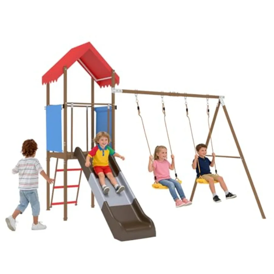 

Beach Swing Set with Slide for Backyard - All-in-One Outdoor Playset with 2 Belt Swings Rock Climbing Wall Ladder Shaded Fort a