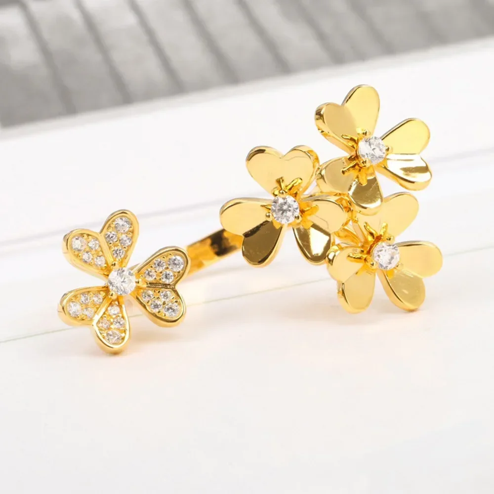 

Diamond Crystal 925 Silver Clover Flower Adjustable Gold Ring Women Famous Brand Luxury Designer Top Quality Jewelry