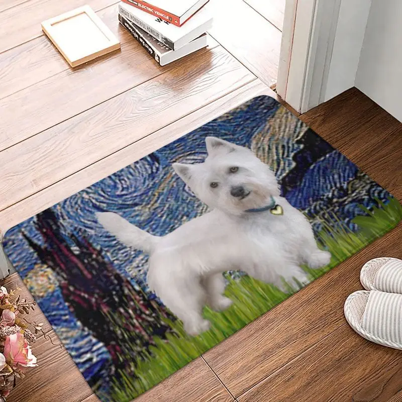 Starry Night West Highland Terrier Door Floor Kitchen Mats Anti-Slip Indoor Westie Dog Van Gogh Art Doormat Entrance Rug Carpet