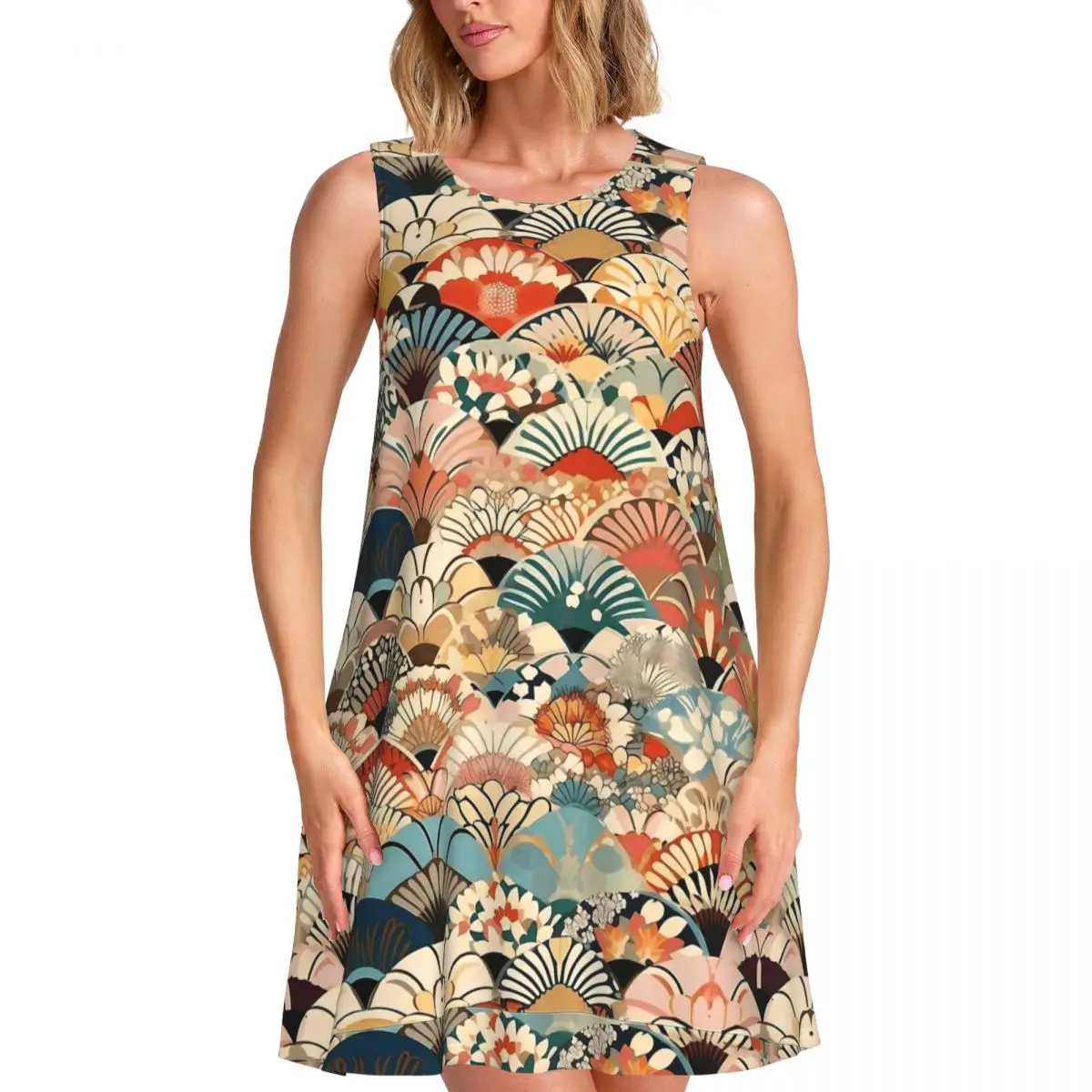 Traditional Japanese Art Casual Dress Aesthetic Dresses Sleeveless Pretty Dress Cheap Round Neck Women Pattern Vestidos