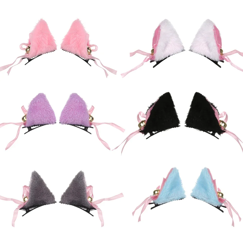 1 Pair Cat Ears with Bell Hair Clip Fox Long Fur Hairpins Headwear Cosplay Anime Costume Halloween Party Gifts Hair Accessories