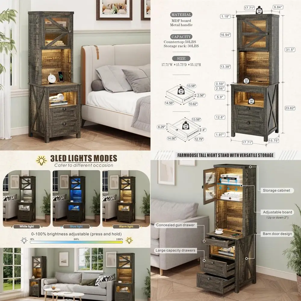 rustic tall night stand with charging station, bedside table with drawers & adjustable shelves, led nightstand with gun drawer,