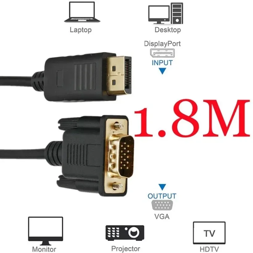 1080P DisplayPort Display Port DP To VGA Adapter Cable 1.8m Male To Male Converter for PC Computer Laptop HDTV Monitor Projector