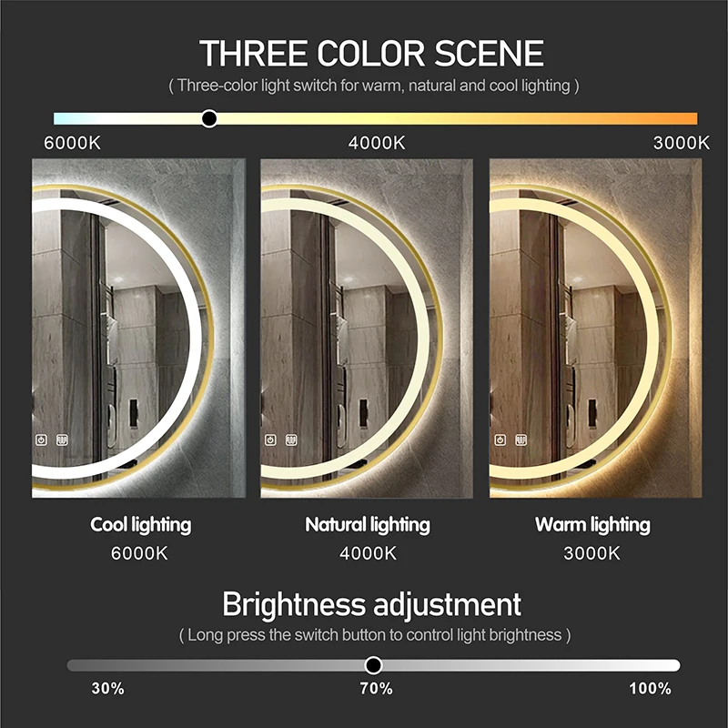 Imagem -06 - Smart Gold Frame Round Makeup Mirror Vaidade Led Desembaçamento Dimmer Cores Backlit 60 70 80cm