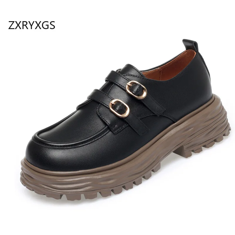 ZXRYXGS British Genuine Leather Shoes Thick Sole Non-slip Heightening Shoes Woman High Heels 2024 Elegant Comfort Loafers Shoes