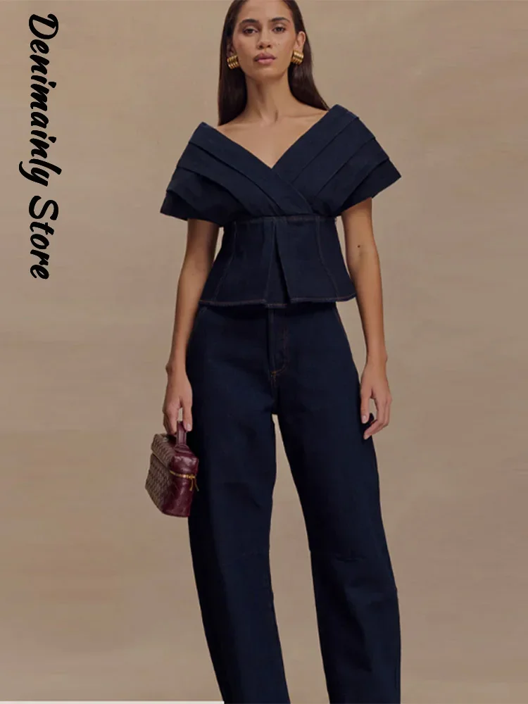 

Sexy Denim Long Pants Two Piece Suit High Street Deep V-neck Bandage Backless Tops Straight Loose Jeans New Fashion Woman Sets