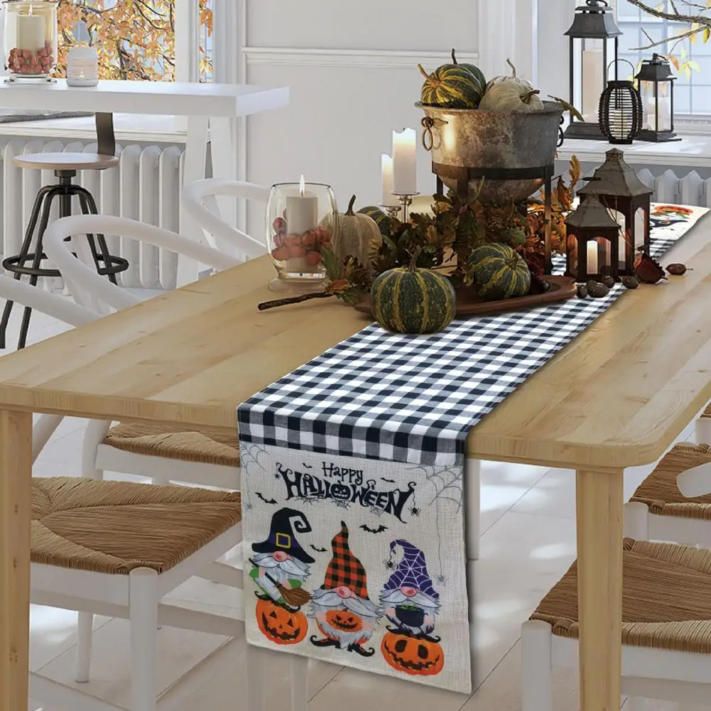 Halloween Table Runner Dining Table Centerpiece Festive Holiday Table Runners Pumpkin Gnome Spider Web Plaid Merry for Kitchen