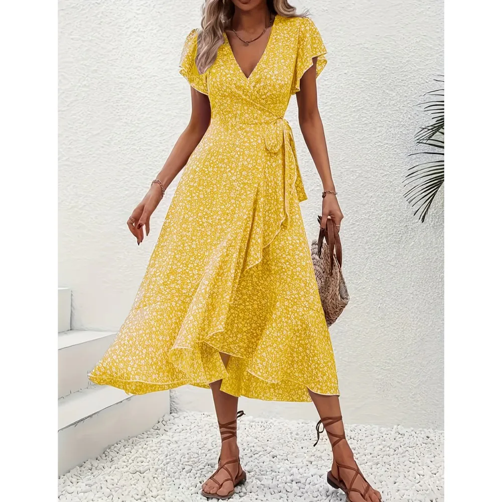 Women's Flower Flowy Split Midi Dress Summer Fashion V Neck Short Sleeve Irregular Dresses Boho Beach Holiday Sundress Robe