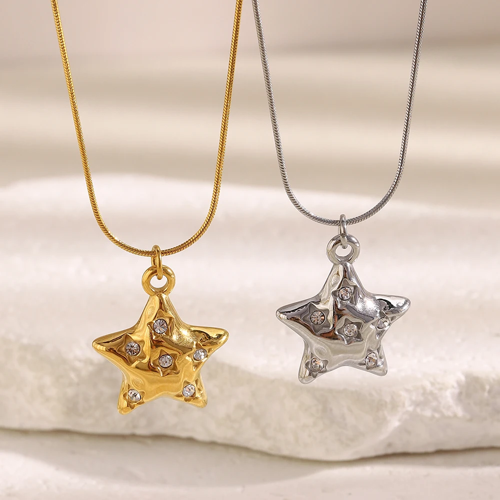 E.B.belle Gold Color Rhinestone Cute Star Pendant Necklace Stainless Steel 18K Gold Plated Women's Party Neck Jewelry Gifts view 3