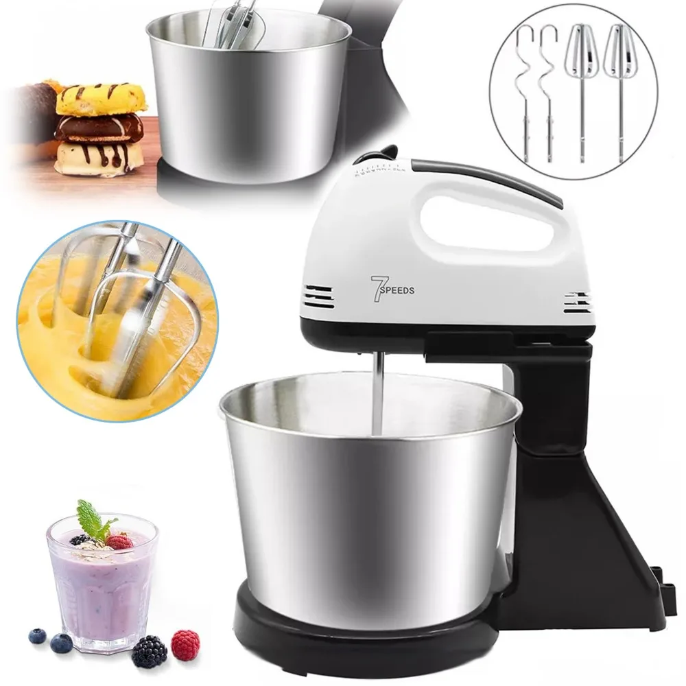Impastatrici da banco con 7 velocità e ciotola in acciaio inossidabile, impastatrice da banco e frusta manuale con 2 fruste e 2 aste per impastare, ideali per preparare dolci, torte, biscotti e