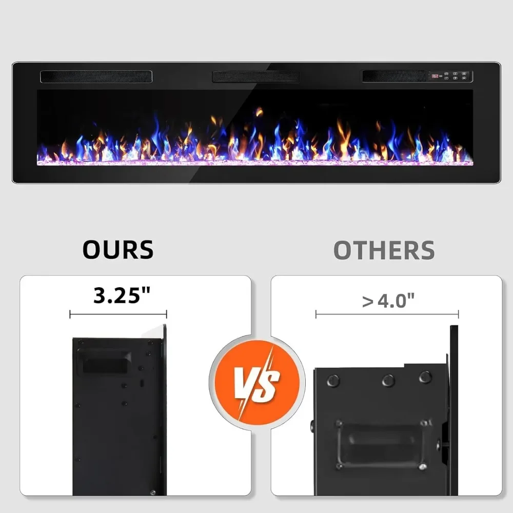 72 Ultra Slim Wall-Mounted Electric Fireplace Insert with Remote, Recessed Design for Modern Home Decor