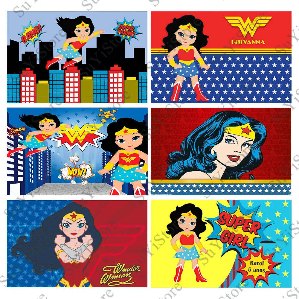 Wonder Woman Photography Backdrop Cover For Girls Birthday Party DC Superhero Poster Photo Custom Background Photography Props