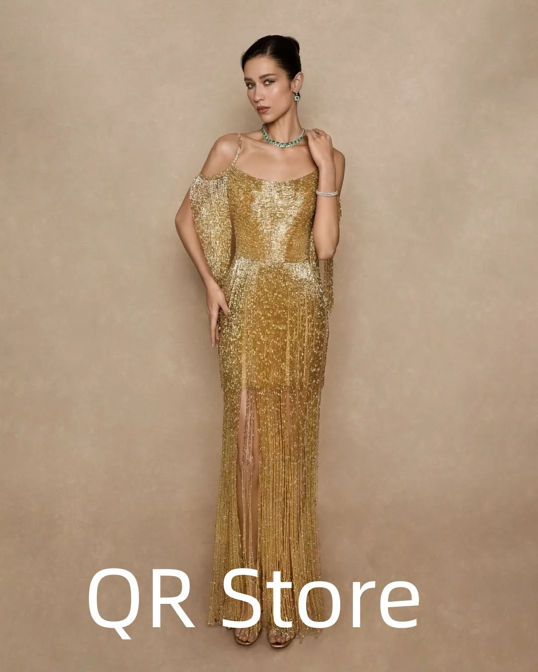 

QR Customized Luxurious Elegant Evening Gown Dresses Spaghetti Straps Sheath Floor Length Tassel Rhinestone Party Prom Formal