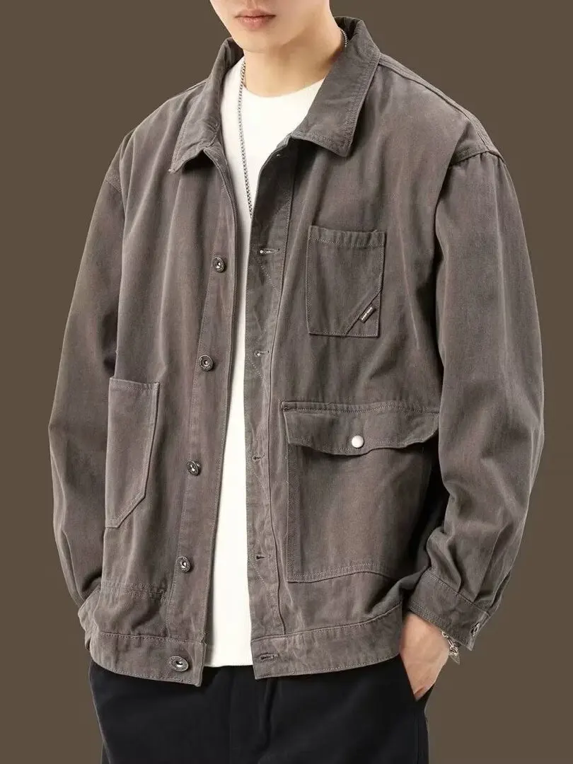 Retro American Denim Jacket Men's Autumn New Loose Casual Outdoor Workwear Top Multi-Pocket Water-Washed Standard Fit Jeans