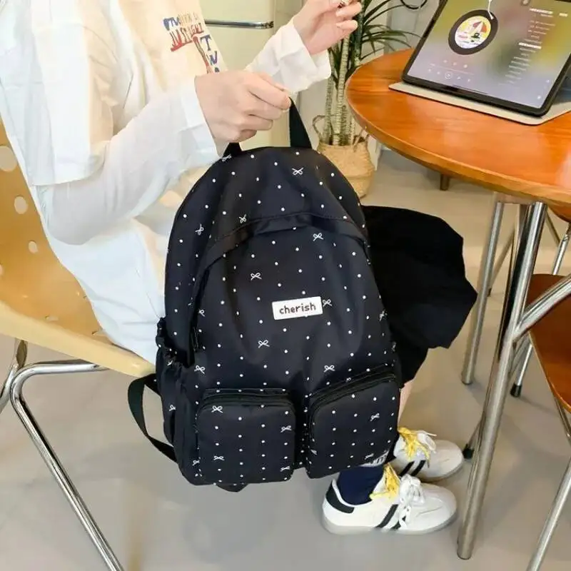 Japanese Kawaii Bow Sweet Dot Preppy Backpack Fashion Y2k Pockets Backpacks All Match Students Simple Schoolbags High-Capacity