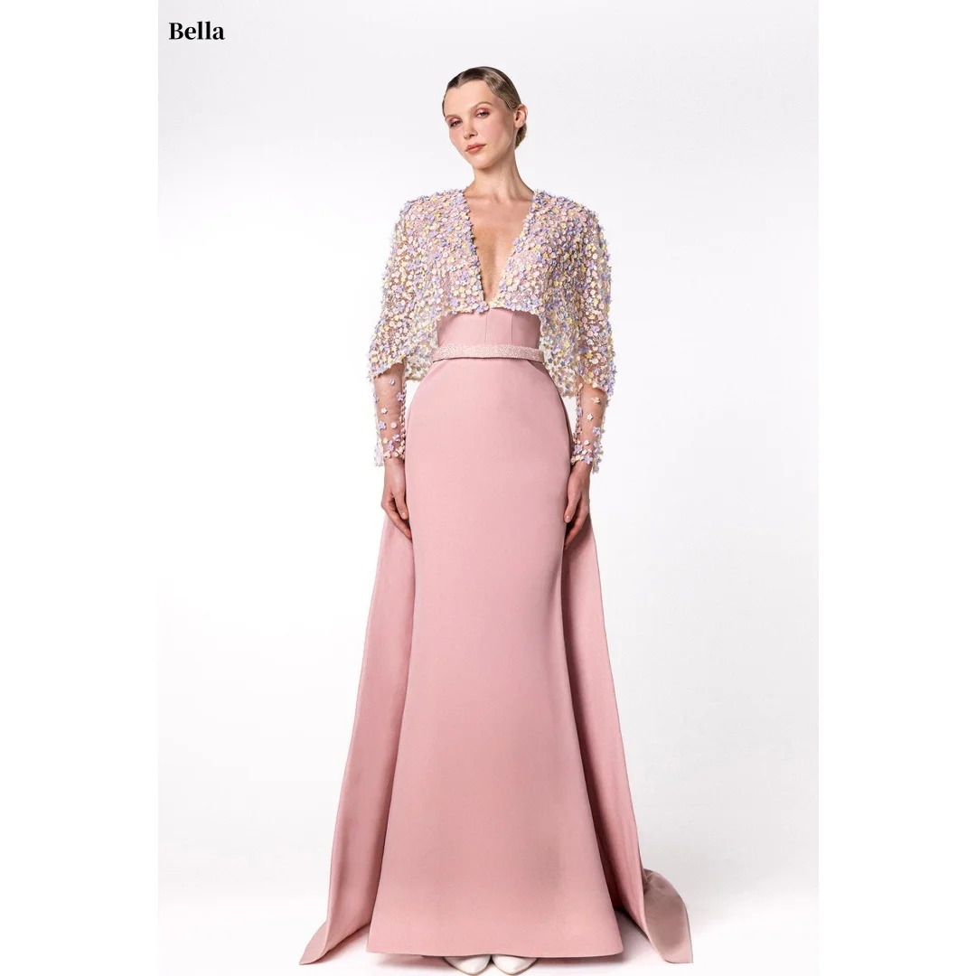 

Bella Customize Pink 3D Flowers Shawl Mermaid robes de soirée Beaded Sash Trailing Prom Dresses Floor-Length Wedding Dress 2025