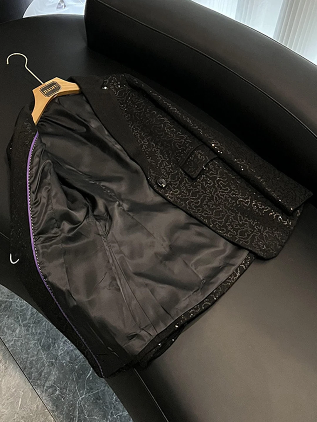 Ele Bla Sequin Long Sve Commute Sle Profional Outerwear Women's Suiting Jaet Stand Fit Commuter Faion