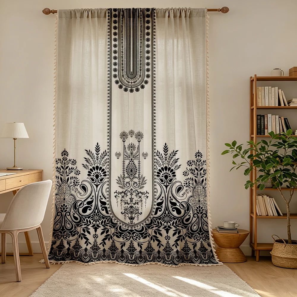 1PC Boho Tassel Sheer Curtains, Black White Paisley Ethnic Border, Digital Print, Linen Polyester, Living Room Bedroom Decor