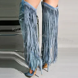 Fringe Over The Knee Sandal Boots Suede Fashion Novelty Sexy Elegant Comfortable Women Shoes New Pointed Toe Thin Heels Slip-On