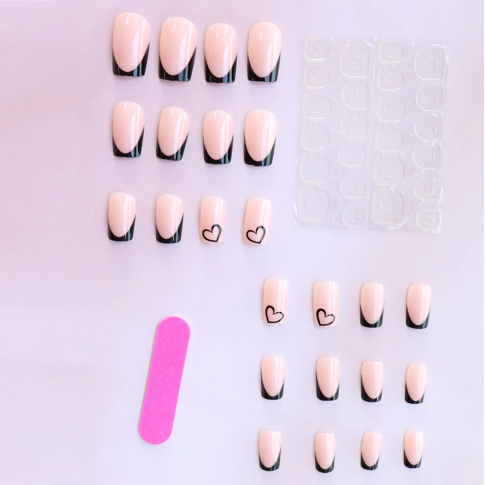 24pcs  press on nails short Square Love Design fake press on nails black french tip press on nails cute nail press on acyrlic na