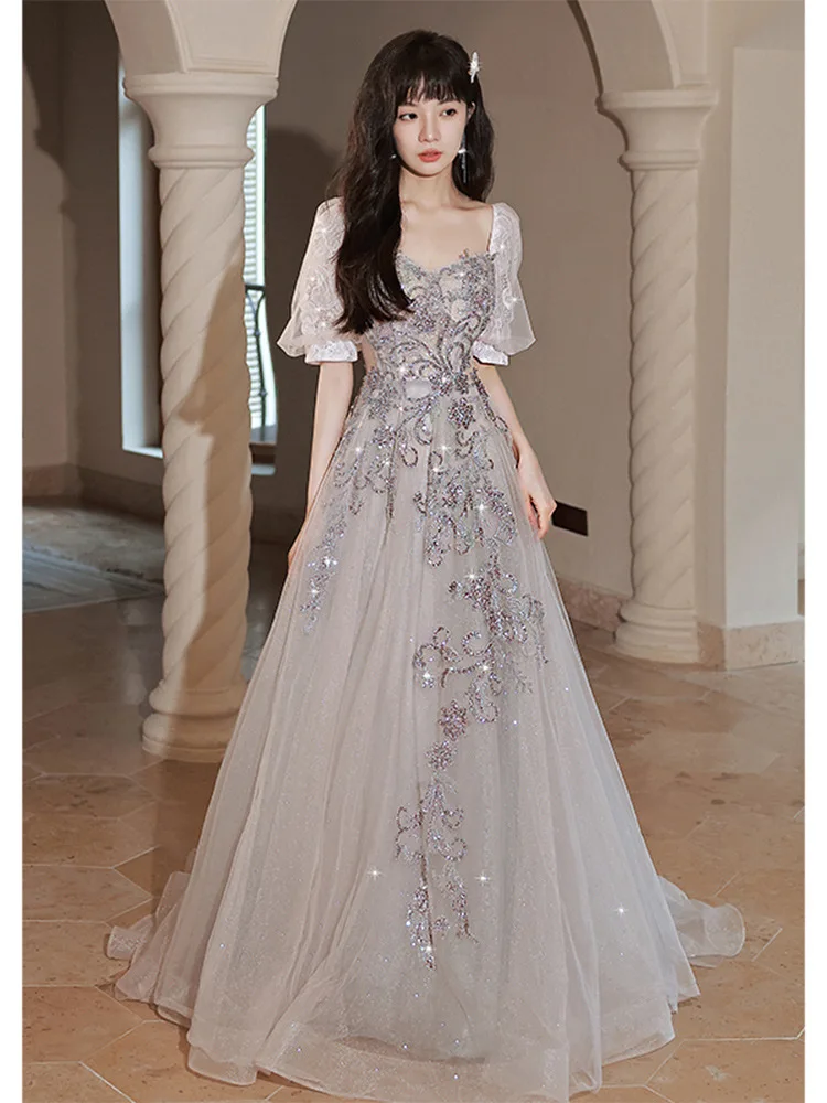 

Royal Evening Dress Sweetheart Collar Appliques Glitter Maxi Dresses Illusion Puff Sleeve Lace-Up Formal Prom Gowns