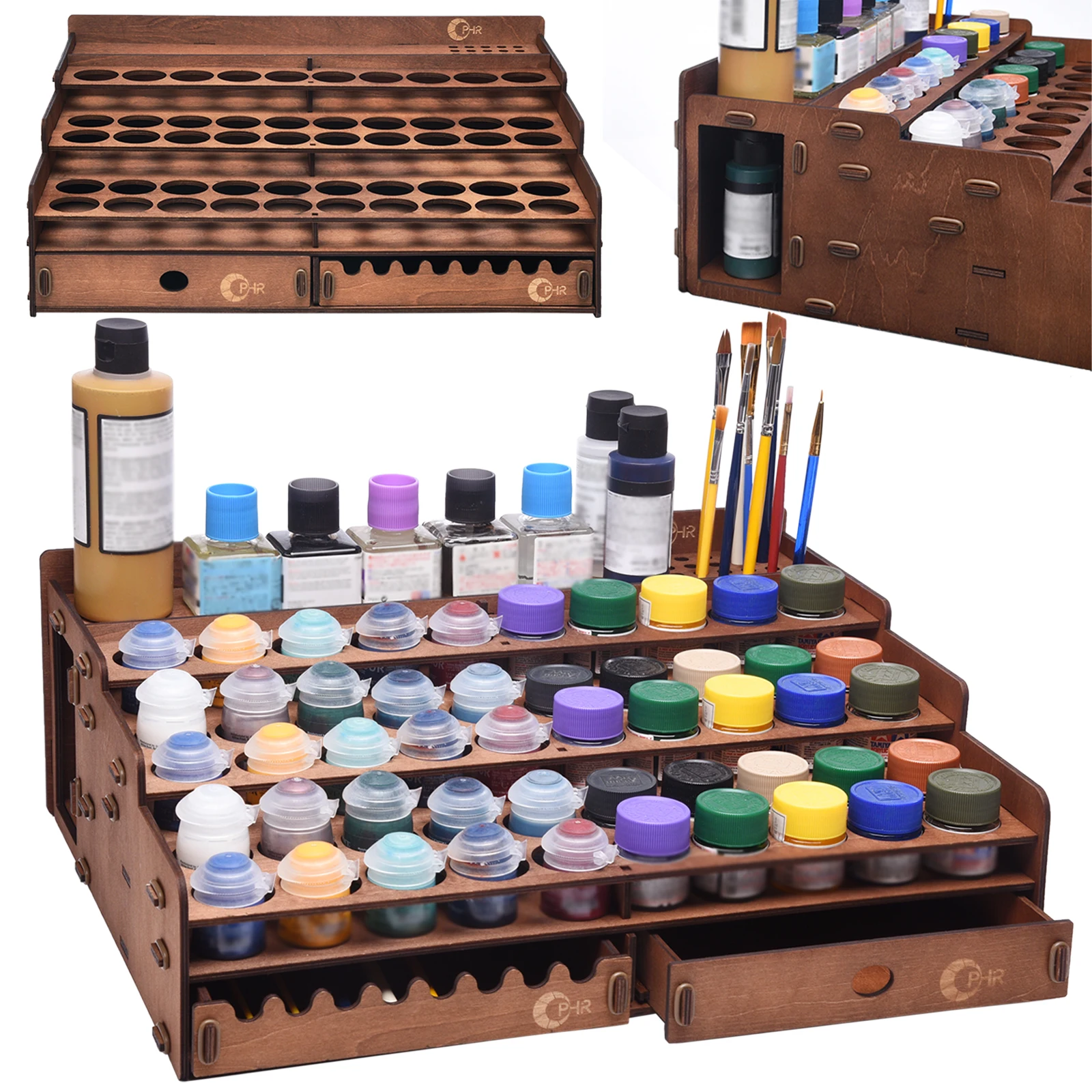 

OPHIR Wooden Paint Holder, Model Paint Rack with 50 Holes, Painting Brush Holder with 24 Slots 1 Drawer for Miniture Model MG078