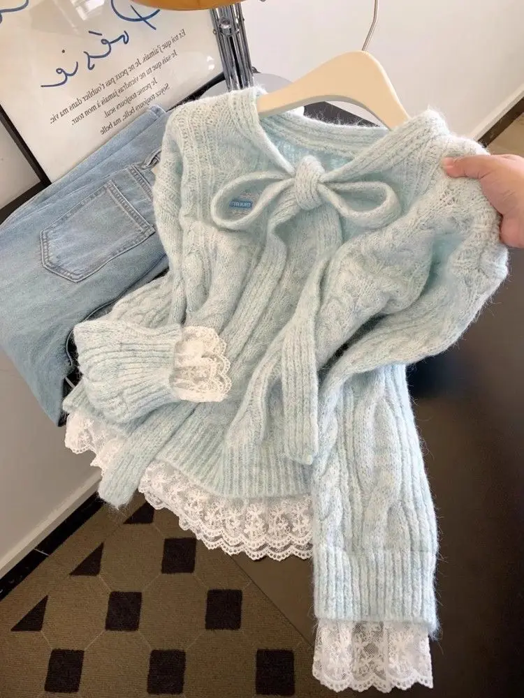 Suéter con lazo y costuras de encaje para Mujer, suéteres tejidos para Otoño e Invierno, Top de moda coreana, suéter dulce para Mujer