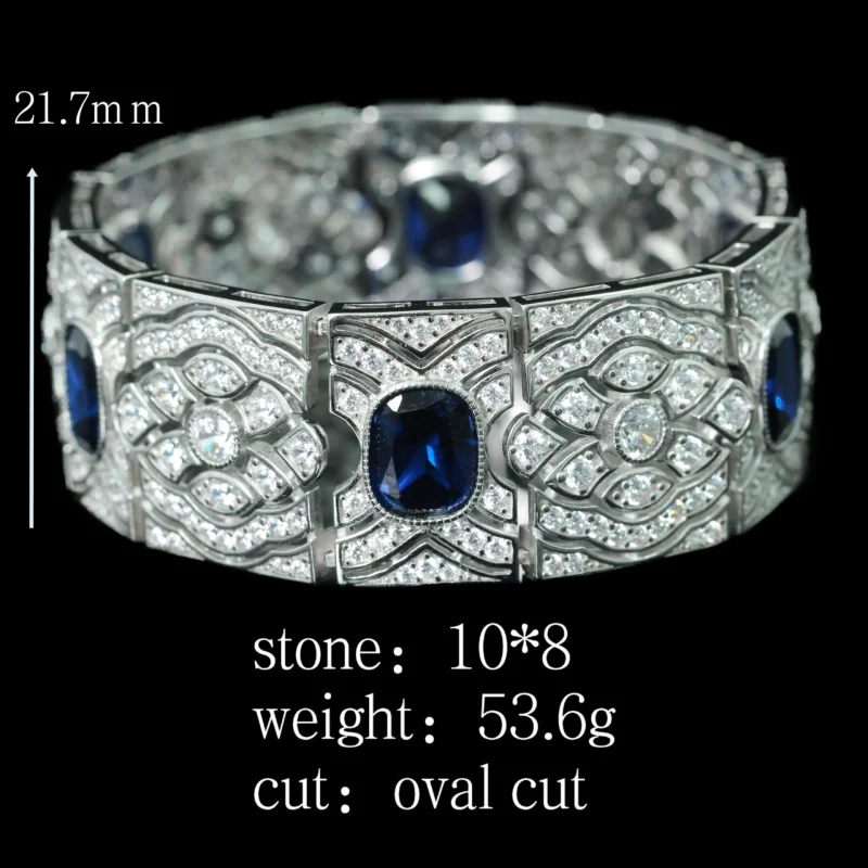 925 silver gold plated bracelet high carbon diamond royal blue pillow cut Artdeco set medieval bracelet