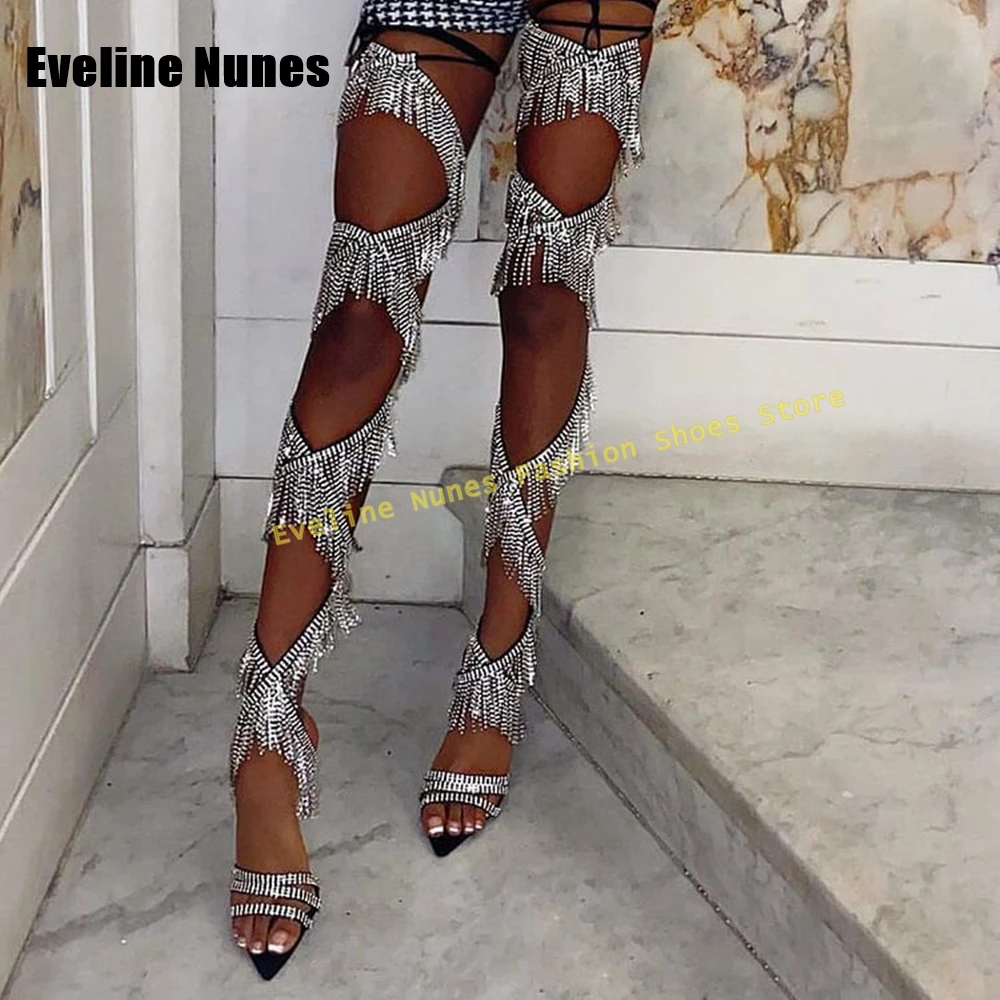 Blingbling Rhinestone Fringe Sexy Sandals Lace-Up Street Style 2025 Pointed Toe Stiletto Snake-Strappy Shiny Women's Party Shoes