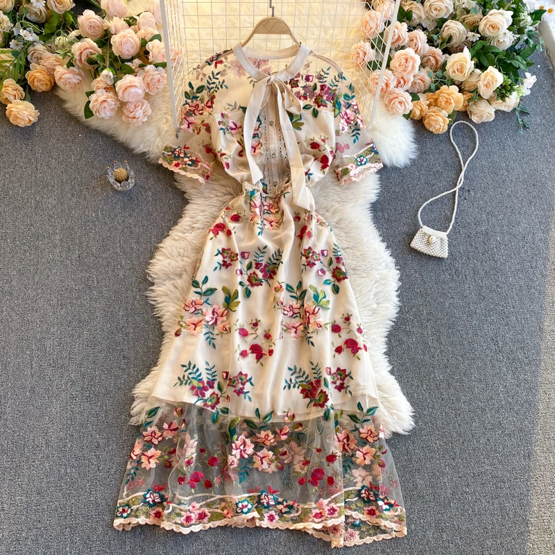 Luxury Runway Women's Fashion New Arrival Contrast Bow Tie Short Sleeve Slim Floral Embroidery Flower Dress Elegant Vestidos