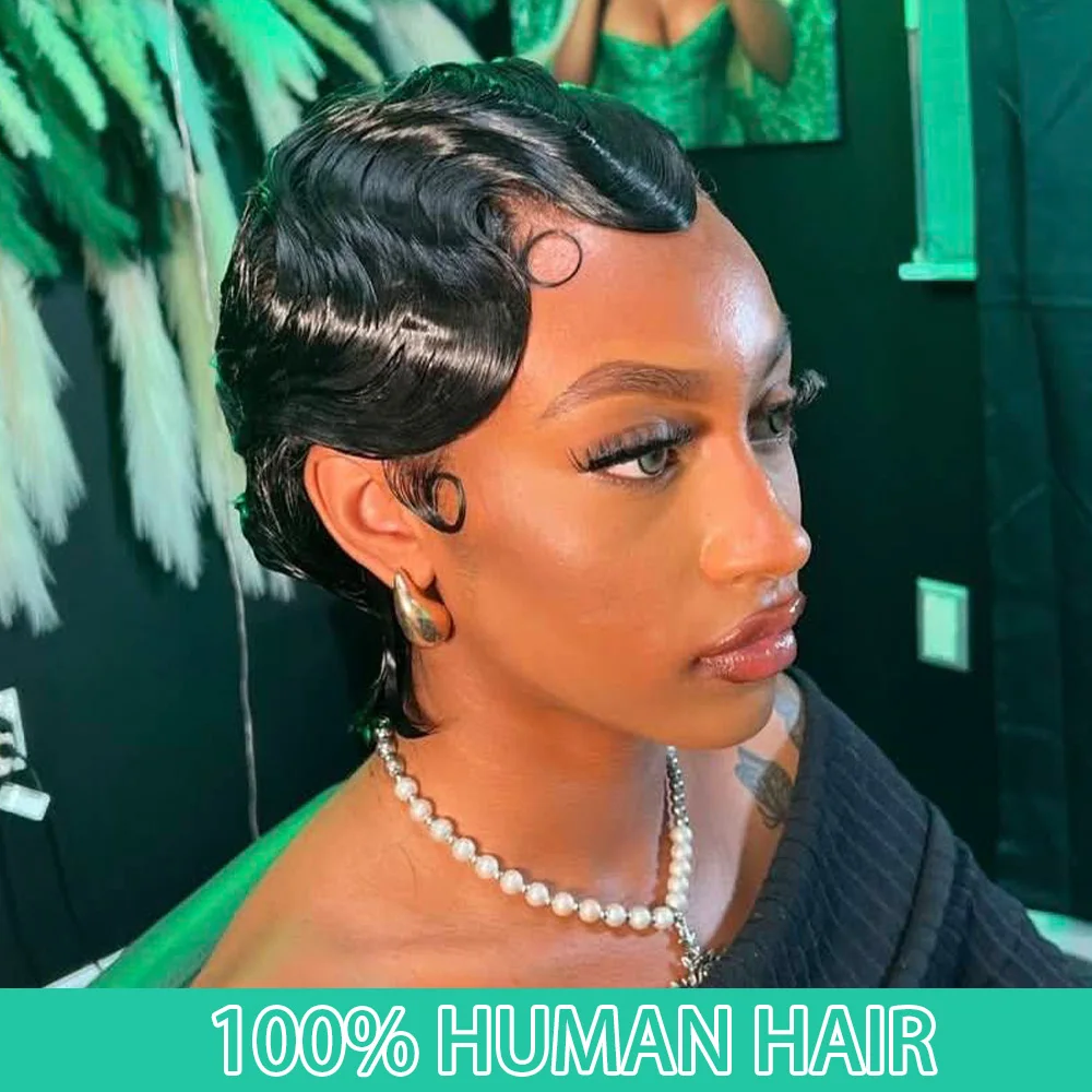 

Бразильский парик из натуральных волос Реми для женщин, кудрявый, волнистый, стрижка пикси | Натуральные человеческие волосы, высокая плотность, сетка Rose Net, полностью машинная работа, парик.