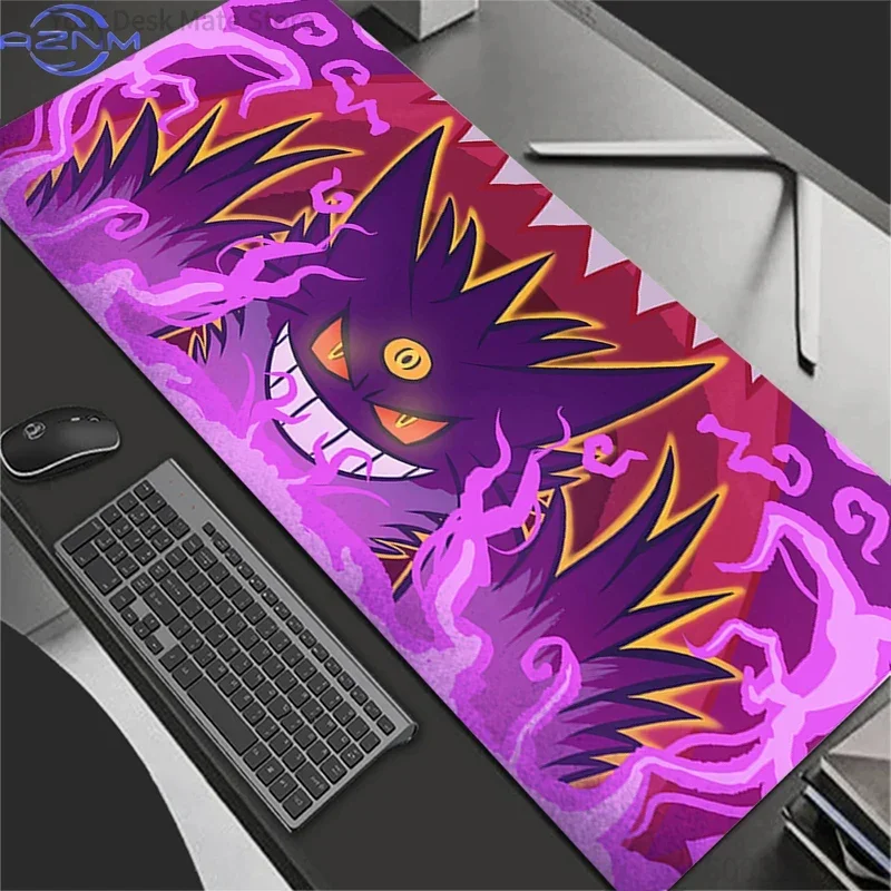 Large Extended Mousepad, Pink Background Purple Cartoon Ghost Creature Art Desk Mat, Rubber Non-Slip Base, Waterproof Gaming Key